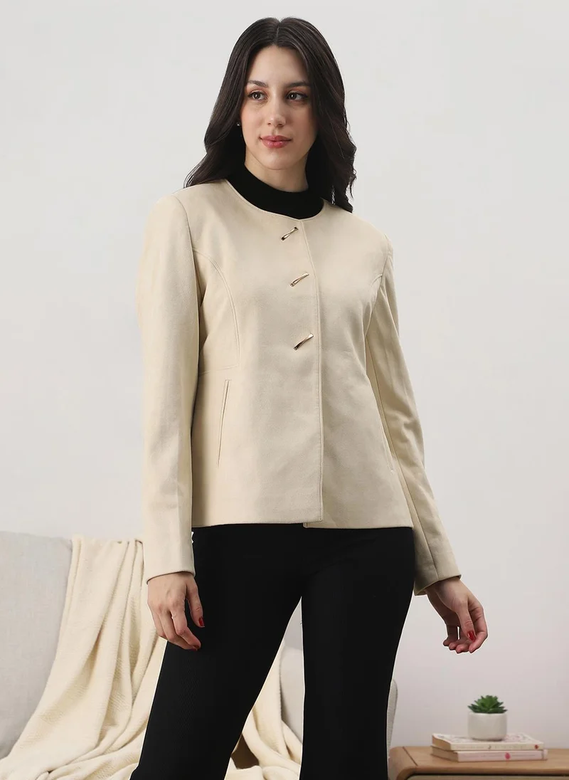 جلو باص Globus Women Off White Round Neck Long Sleeves Self Design Suede 2 Pockets Soft Functional Winterwear Overcoat
